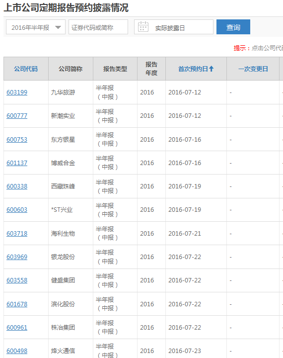 上交所发布2016半年报预约披露时间表(附表)-